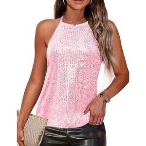 Sleeveless Camisole Halter Neck Sparkly Sequin Top, LARGE, 1FF-168T003